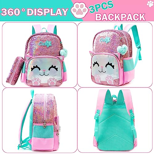 Meetbelify Cute Backpack for Girls Pink Cat School Backpacks Kids Sequin Bookbag for Elementary Kindergarten Students with Lunch Box Pencil Case for Girls 5-12 Years Old - Image 5