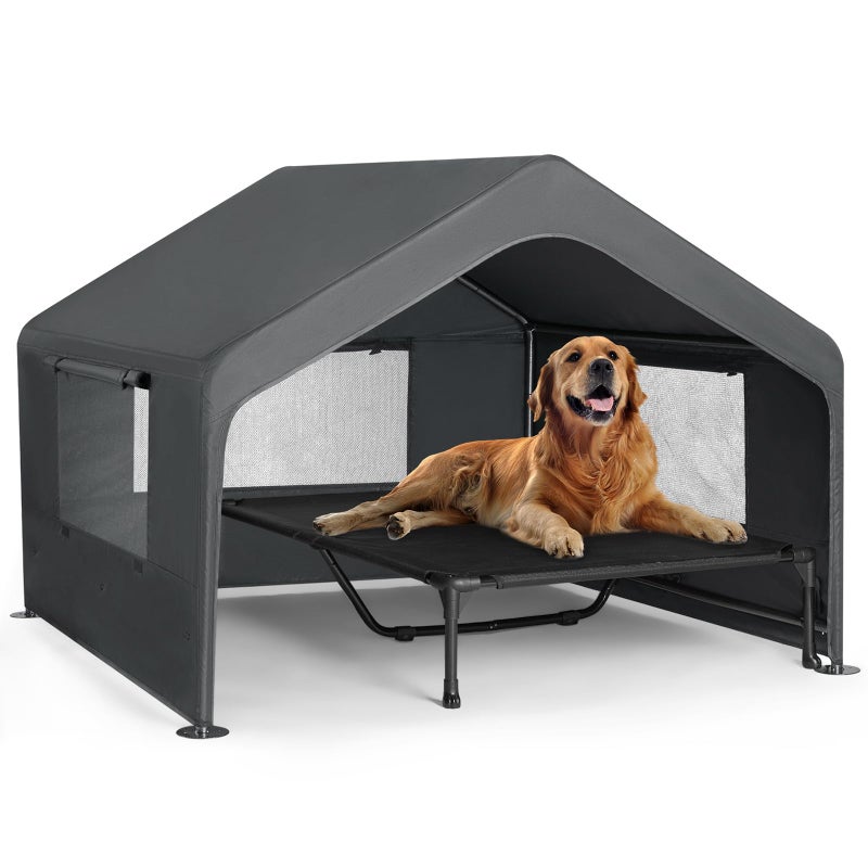 Veehoo Extra Large Dog House Outdoor with Elevated Dog Bed, Outside Dog Tent 4.1' x 4.1' x 3.3', Weatherproof Dog Shade Shelter and Raised Bed Combo for Pets or Stray Animals, Grey - Image 1