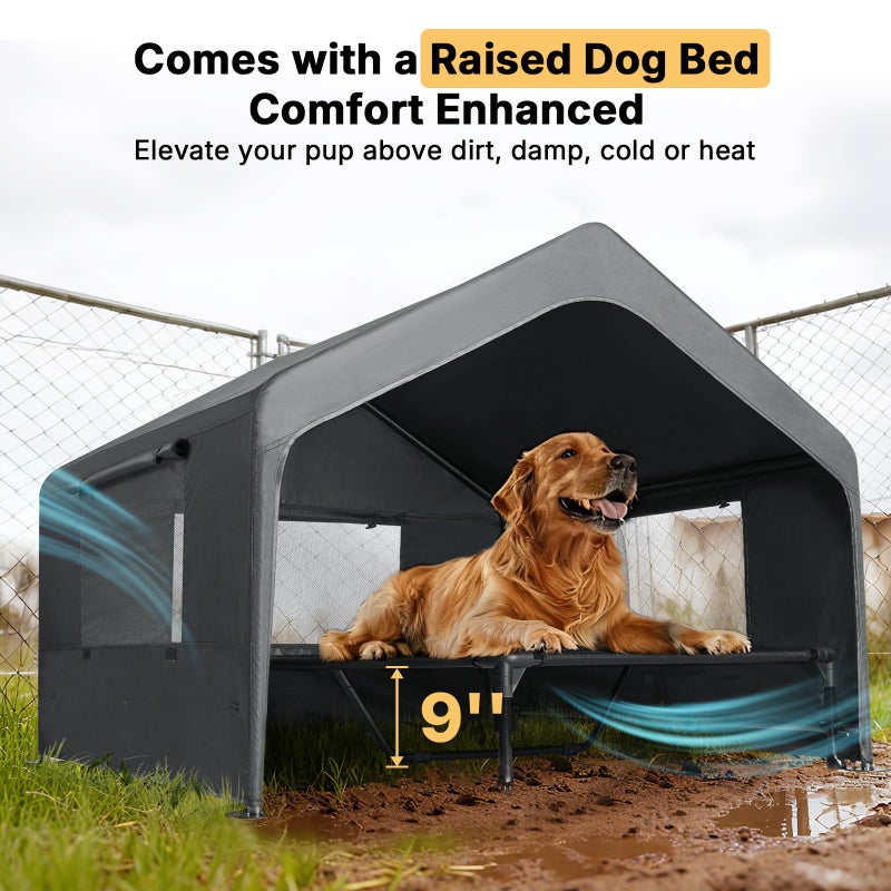 Veehoo Extra Large Dog House Outdoor with Elevated Dog Bed, Outside Dog Tent 4.1' x 4.1' x 3.3', Weatherproof Dog Shade Shelter and Raised Bed Combo for Pets or Stray Animals, Grey - Image 3
