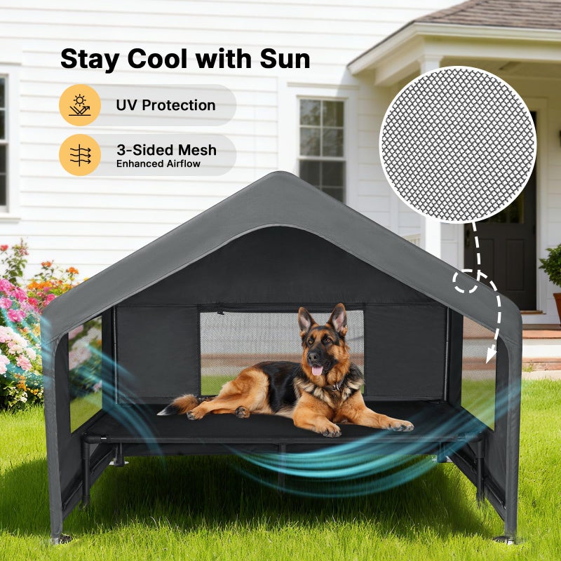 Veehoo Extra Large Dog House Outdoor with Elevated Dog Bed, Outside Dog Tent 4.1' x 4.1' x 3.3', Weatherproof Dog Shade Shelter and Raised Bed Combo for Pets or Stray Animals, Grey - Image 4
