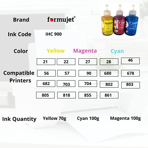 Formujet Ink IHC 900 (3 x 100g Colours Cyan Magenta Yellow) Compatible for HP 805/803 / 678/682 / 802/90 / 703/704 / 46/21 / 22/27 / 28/56 / 57/861 / 855/802 / 22/28 / 818802/703 / 680/46 - Image 3