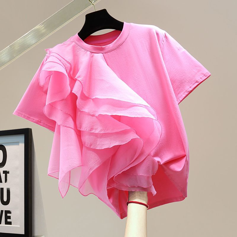 2023 Summer Korean Style Loose Slimming Look Top Asymmetrical Ruffled Pure Color Casual Short-Sleeved T-Shirt Trend - Image 1