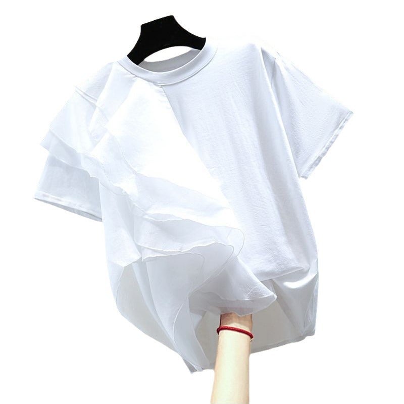 2023 Summer Korean Style Loose Slimming Look Top Asymmetrical Ruffled Pure Color Casual Short-Sleeved T-Shirt Trend - Image 4