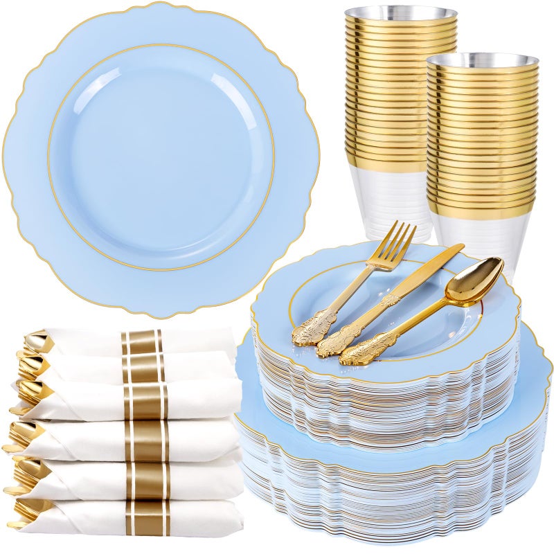 Liacere 350PCS Bule Plastic Plates Disposable Bule and Gold Plates 50guest Baroque Plastic Dinnerware include 100Plates 50Pack Pre Rolled Napkins with Silverware 50Cups for WeddingMothers Day - Image 3