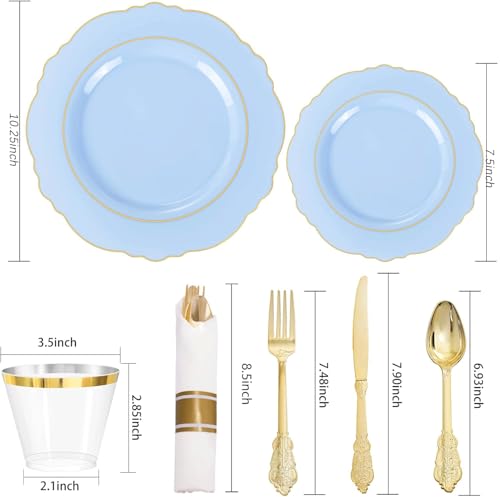 Liacere 350PCS Bule Plastic Plates Disposable Bule and Gold Plates 50guest Baroque Plastic Dinnerware include 100Plates 50Pack Pre Rolled Napkins with Silverware 50Cups for WeddingMothers Day - Image 5