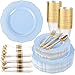 Liacere 350PCS Bule Plastic Plates Disposable Bule and Gold Plates 50guest Baroque Plastic Dinnerware include 100Plates 50Pack Pre Rolled Napkins with Silverware 50Cups for WeddingMothers Day - Image 1