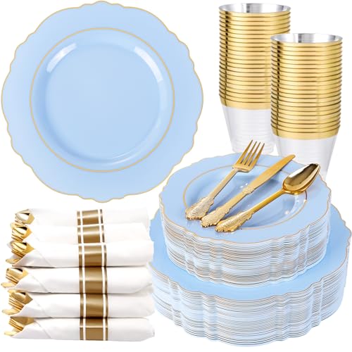 Liacere 350PCS Bule Plastic Plates Disposable Bule and Gold Plates 50guest Baroque Plastic Dinnerware include 100Plates 50Pack Pre Rolled Napkins with Silverware 50Cups for WeddingMothers Day - Image 2
