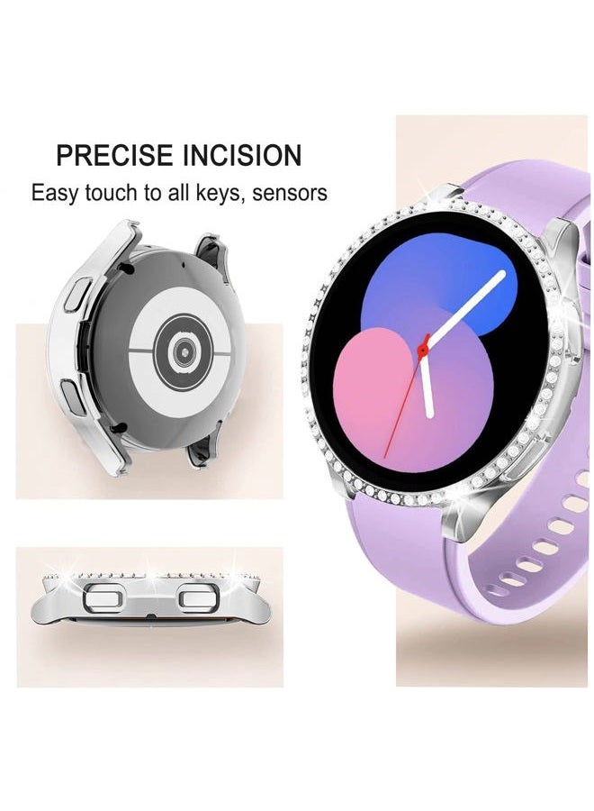 DEALELE [2-Pack] Case Compatible with Samsung Galaxy Watch FE / 5/4 40mm, Bling Single-Row Diamond PC Protective Case Replacement Watch Cover Bumper (40mm, Silver+ Transparent) - Image 2