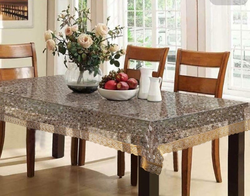 Kartikey PVC 10 Seater Polka Dot Printed Center Table Cover 60x108 inches Transparent with Golden Lace Rectangular Standard KHFDPGL_39_60X108PlasticPack of 1  - Image 1
