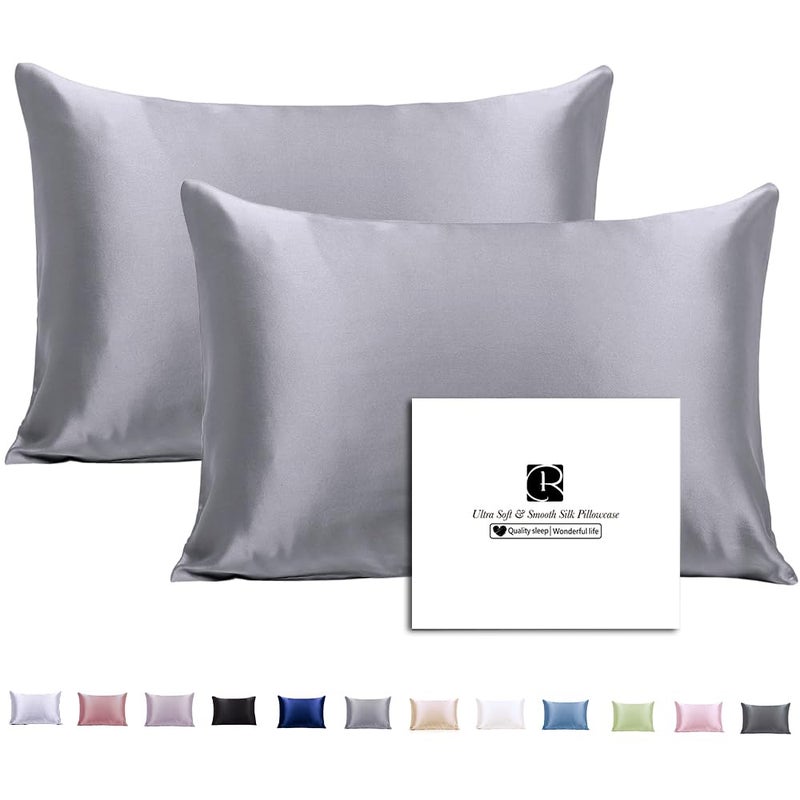 Ravmix Silk Pillowcases 2 Pack for Hair and Skin with Hidden Zipper  Both Sides 21Momme Mulberry Silk Pillow Cases Set of 2  Queen Size 20?30inches  Lilac Grey - Image 1