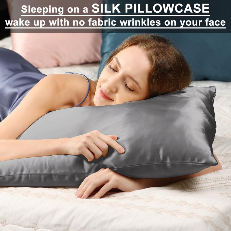 Ravmix Silk Pillowcases 2 Pack for Hair and Skin with Hidden Zipper  Both Sides 21Momme Mulberry Silk Pillow Cases Set of 2  Queen Size 20?30inches  Lilac Grey - Image 3
