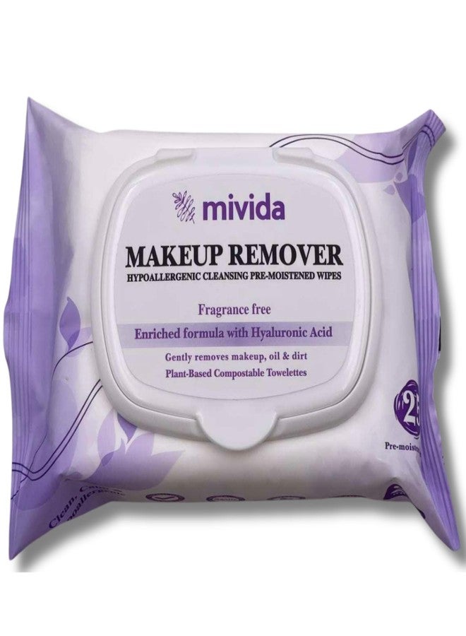 Mivida Hypoallergenic Makeup Remover Wipes with Hyaluronic Acid | Dermatologist-Tested, Biodegradable & Gentle on All Skin Types | Fragrance-Free & Alcohol-Free, 25 Count - Image 1