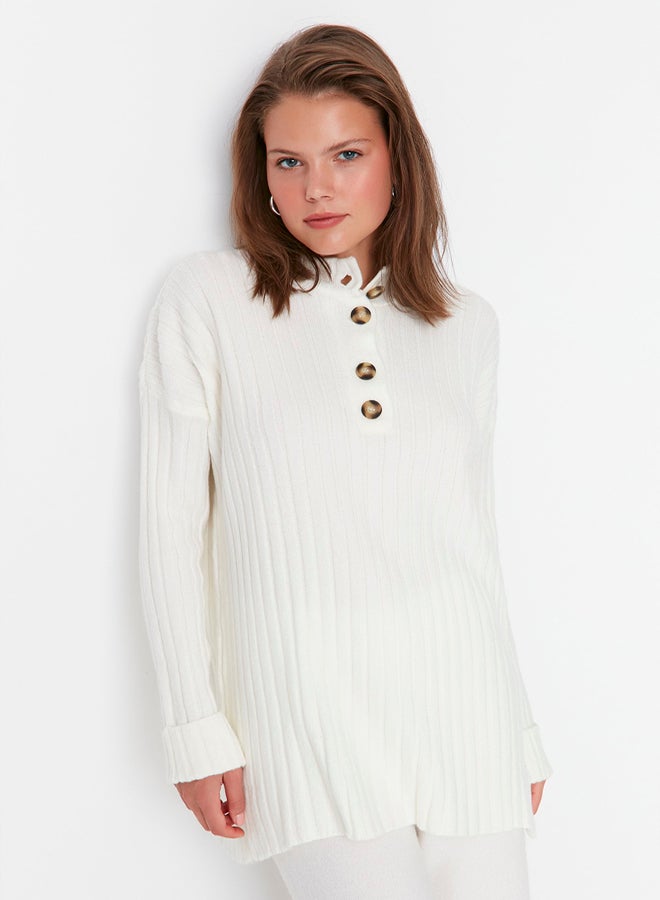 trendyol Ecru Collar Buttoned Ribbed Knitwear Sweater - Image 1