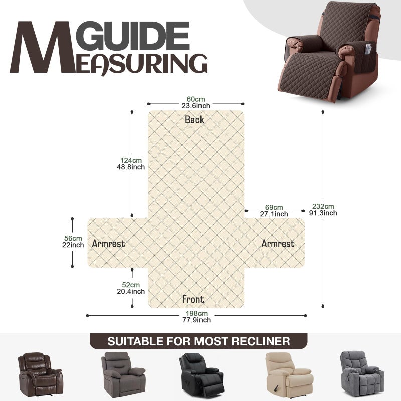 KinCam 100% Waterproof Recliner Chair Cover, Reclining Couch Covers for Pets, Dogs, Recliner Couch Slipcover Furniture Protector with Elastic Straps for Kids(23.6", Chocolate) - Image 4