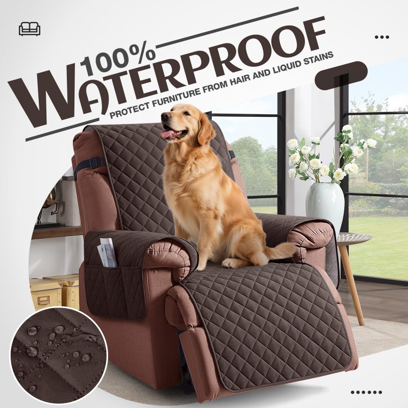 KinCam 100% Waterproof Recliner Chair Cover, Reclining Couch Covers for Pets, Dogs, Recliner Couch Slipcover Furniture Protector with Elastic Straps for Kids(23.6", Chocolate) - Image 3