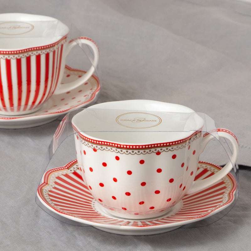 Grace Teaware Red Dot Stripes Scallop 9-Ounce Porcelain Tea/Coffee Cup And Saucer  Set Of 2 (G1960264Rd-2) - Image 3