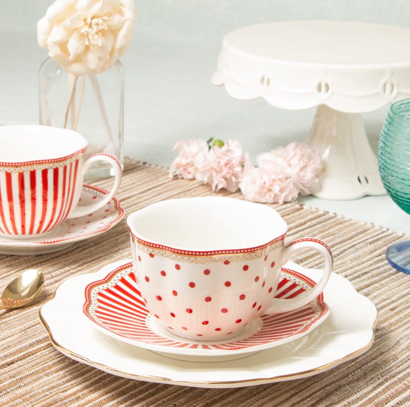 Grace Teaware Red Dot Stripes Scallop 9-Ounce Porcelain Tea/Coffee Cup And Saucer  Set Of 2 (G1960264Rd-2) - Image 2
