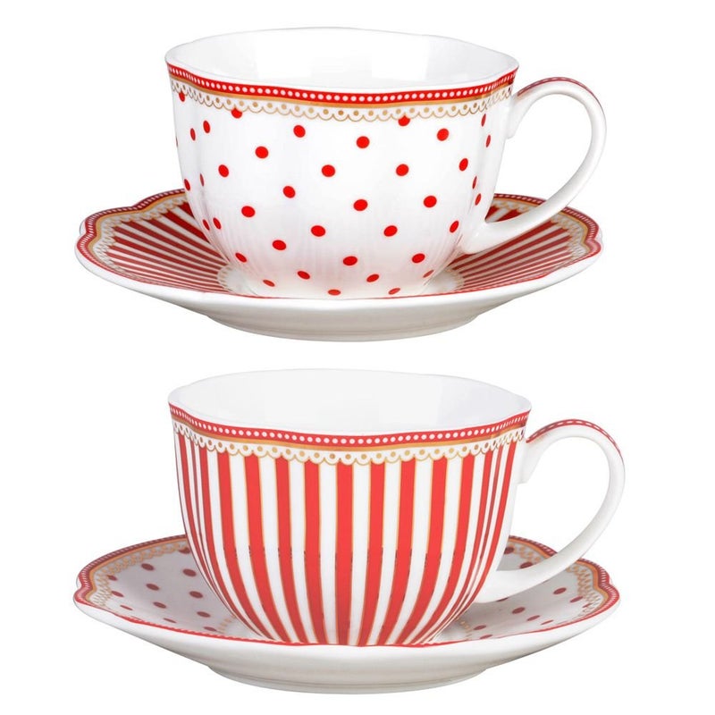 Grace Teaware Red Dot Stripes Scallop 9-Ounce Porcelain Tea/Coffee Cup And Saucer  Set Of 2 (G1960264Rd-2) - Image 1