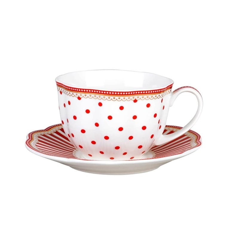 Grace Teaware Red Dot Stripes Scallop 9-Ounce Porcelain Tea/Coffee Cup And Saucer  Set Of 2 (G1960264Rd-2) - Image 4