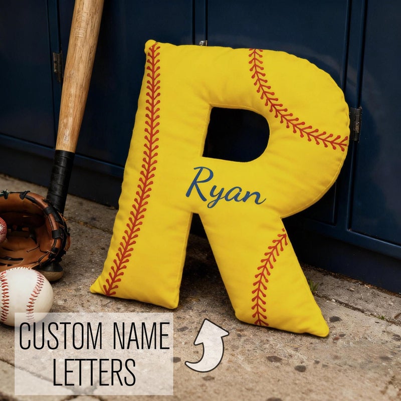 Custom Softball Letter Pillow with Name Yellow Personalized Initial Pillow for Sports Fans Gift 19.69 Inch - Image 2