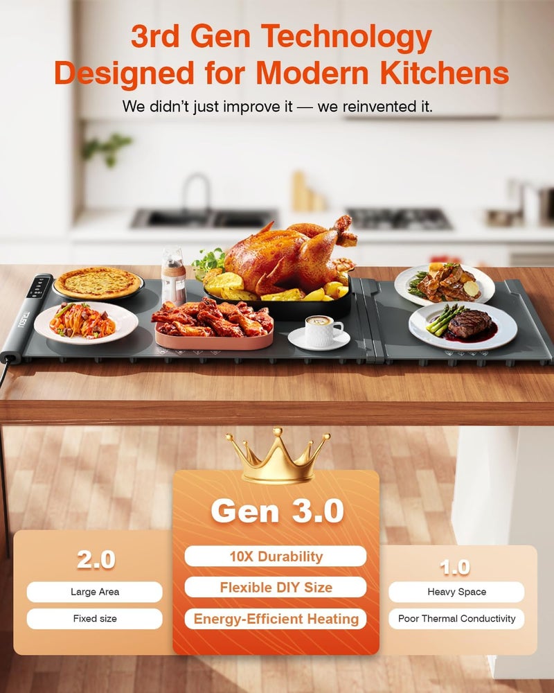 itrusou Expandable Warming Mat for Food – 38"x16" Silicone Warming Tray with 7 Temp Settings, Switchable℃/℉, 99H Timer, Child Lock – 2 Panels Custom Sizes for Energy Efficiency - Image 5