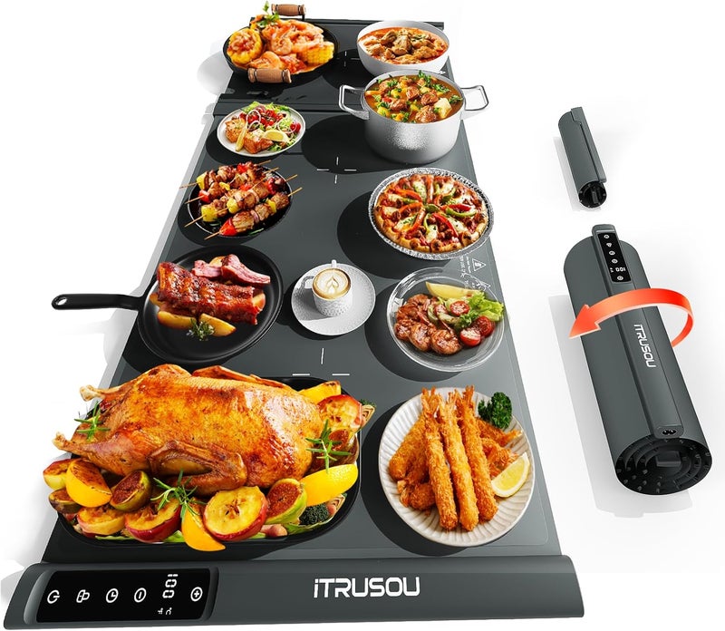 itrusou Expandable Warming Mat for Food – 38"x16" Silicone Warming Tray with 7 Temp Settings, Switchable℃/℉, 99H Timer, Child Lock – 2 Panels Custom Sizes for Energy Efficiency - Image 1