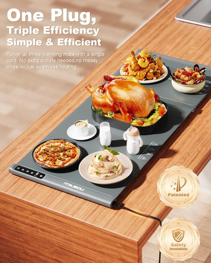 itrusou Expandable Warming Mat for Food – 38"x16" Silicone Warming Tray with 7 Temp Settings, Switchable℃/℉, 99H Timer, Child Lock – 2 Panels Custom Sizes for Energy Efficiency - Image 4