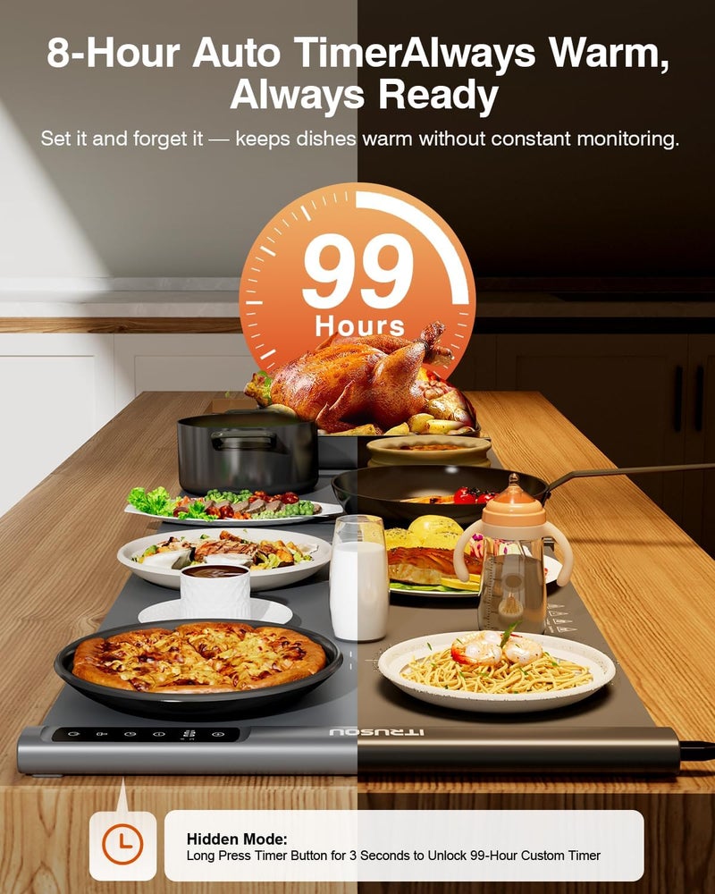 itrusou Expandable Warming Mat for Food – 38"x16" Silicone Warming Tray with 7 Temp Settings, Switchable℃/℉, 99H Timer, Child Lock – 2 Panels Custom Sizes for Energy Efficiency - Image 3