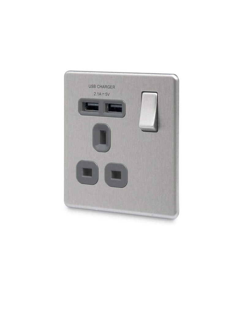 بي جي BG Electrical fbs21u2g 2.1 مأخذ توصيل أحادي Masterplug مع 2 x USB وإدراج رمادي من الفولاذ المصقول  - Image 2