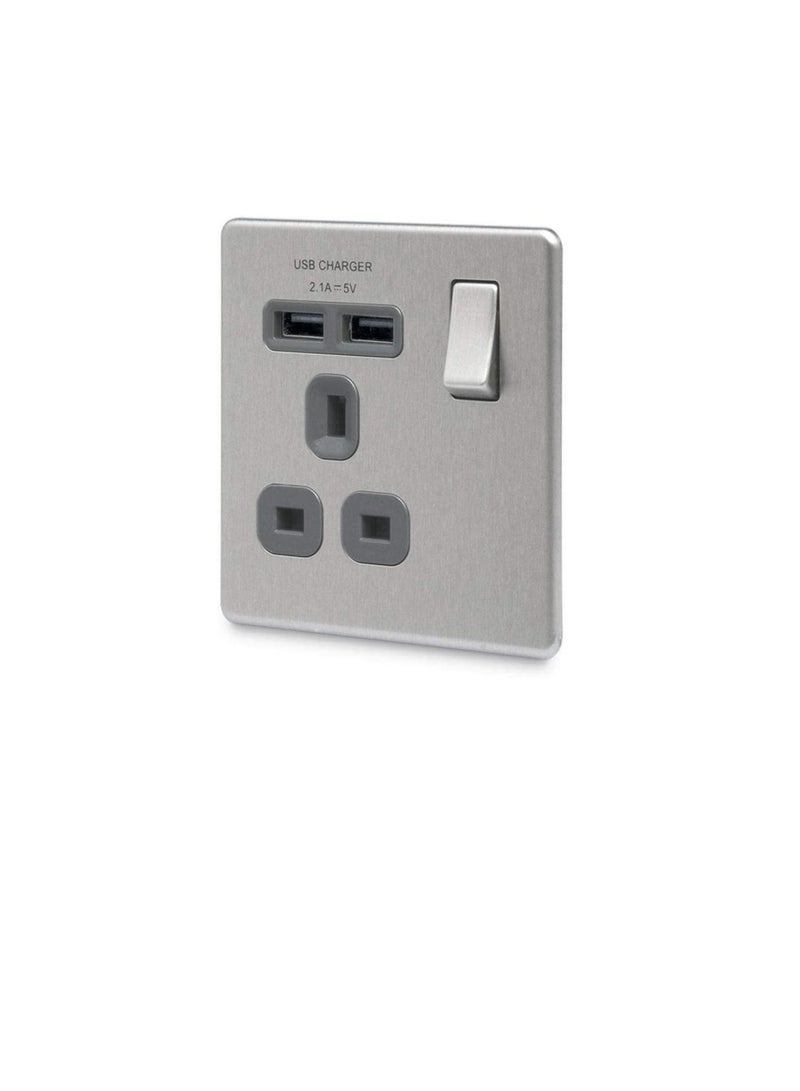 بي جي BG Electrical fbs21u2g 2.1 مأخذ توصيل أحادي Masterplug مع 2 x USB وإدراج رمادي من الفولاذ المصقول  - Image 3