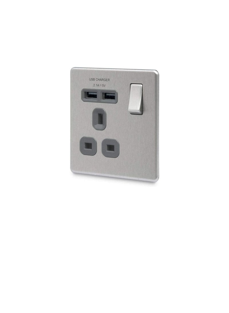 بي جي BG Electrical fbs21u2g 2.1 مأخذ توصيل أحادي Masterplug مع 2 x USB وإدراج رمادي من الفولاذ المصقول  - Image 1