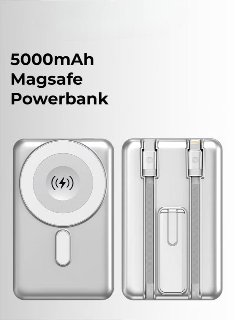 م.ا & ف'س بنك طاقة لاسلكي MagSafe بسعة 5000 مللي أمبير مع كابل Type-C مدمج، شحن سريع 20 واط بتقنية PD، مخرج لاسلكي مغناطيسي، مسند قابل للطي، حماية ذكية، متوافق مع أجهزة iPhone وSamsung وأجهزة USB-C - Image 1