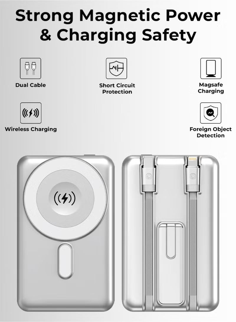 م.ا & ف'س بنك طاقة لاسلكي MagSafe بسعة 5000 مللي أمبير مع كابل Type-C مدمج، شحن سريع 20 واط بتقنية PD، مخرج لاسلكي مغناطيسي، مسند قابل للطي، حماية ذكية، متوافق مع أجهزة iPhone وSamsung وأجهزة USB-C - Image 2