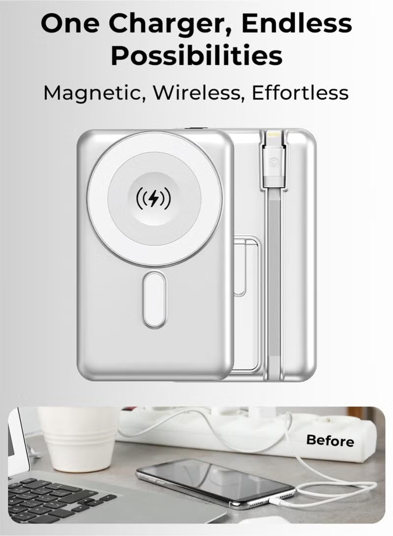 م.ا & ف'س بنك طاقة لاسلكي MagSafe بسعة 5000 مللي أمبير مع كابل Type-C مدمج، شحن سريع 20 واط بتقنية PD، مخرج لاسلكي مغناطيسي، مسند قابل للطي، حماية ذكية، متوافق مع أجهزة iPhone وSamsung وأجهزة USB-C - Image 5