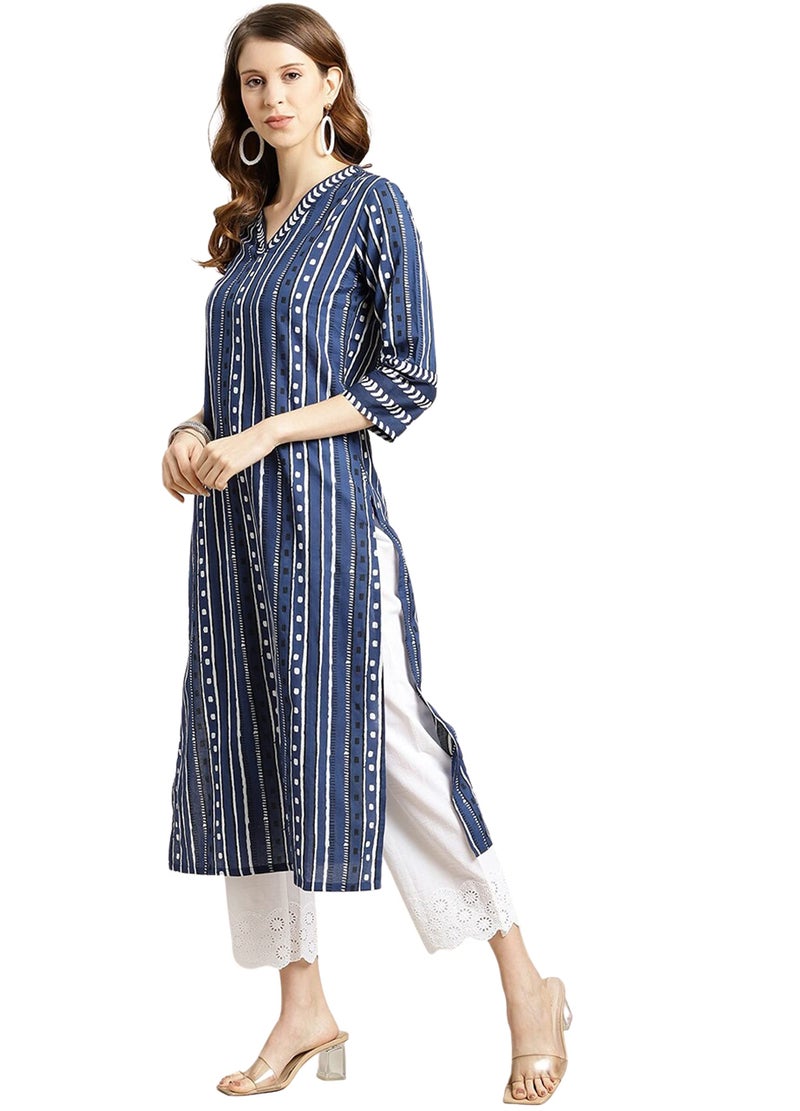 rytras Women's Cotton Printed Straight Kurta(RYT311_Blue_Large) - Image 3