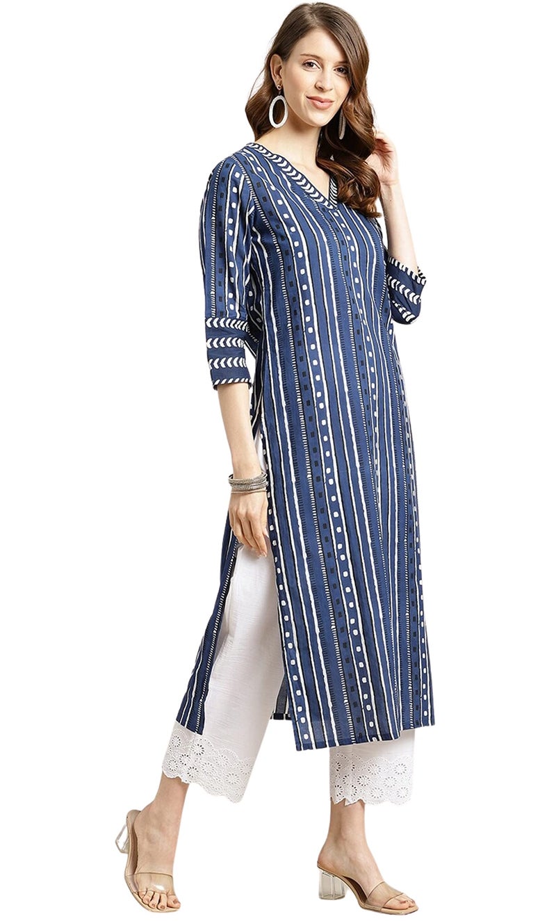 rytras Women's Cotton Printed Straight Kurta(RYT311_Blue_Large) - Image 2