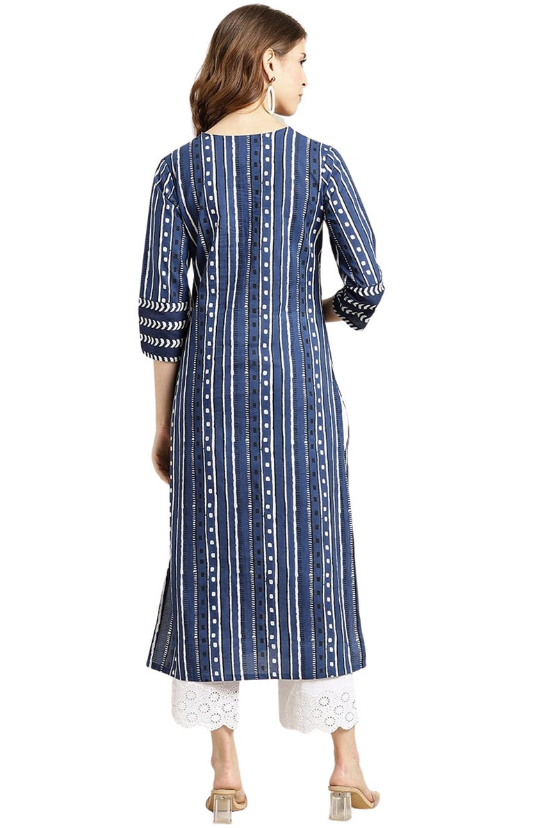rytras Women's Cotton Printed Straight Kurta(RYT311_Blue_Large) - Image 4