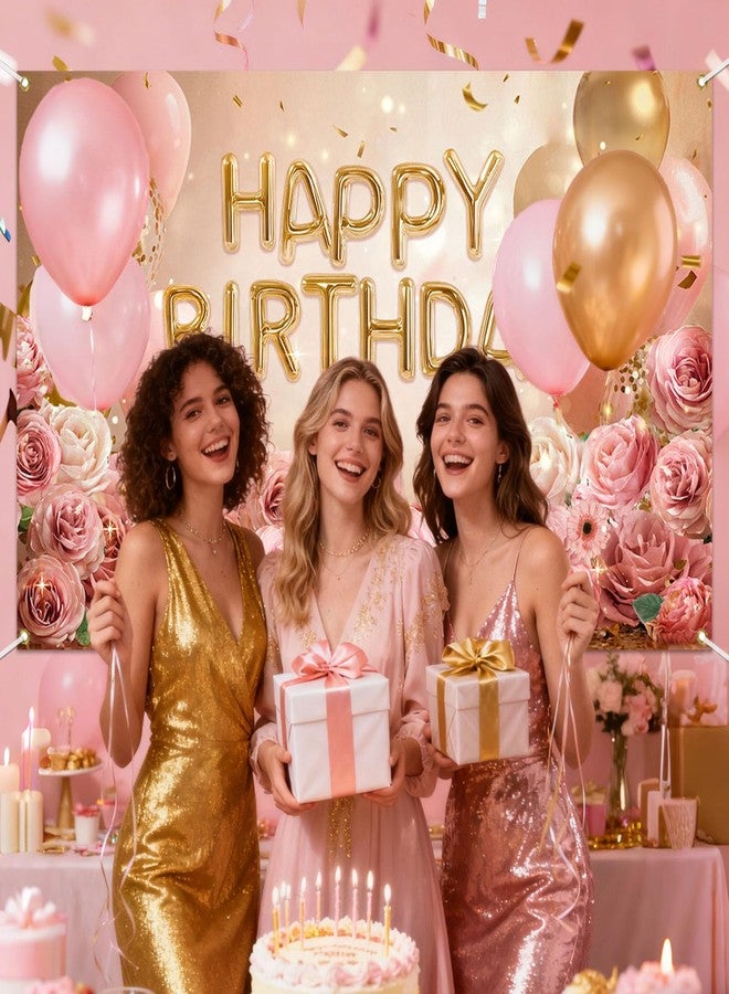 Mocsicka Rose Gold Birthday Banner - Pink Balloon Floral Happy Birthday Backdrop, for Girls Women Gold Birth Anniversary Party Decorations Background Photography Supplies (Rose Gold, 70.8 x 43.3 Inch) - Image 2