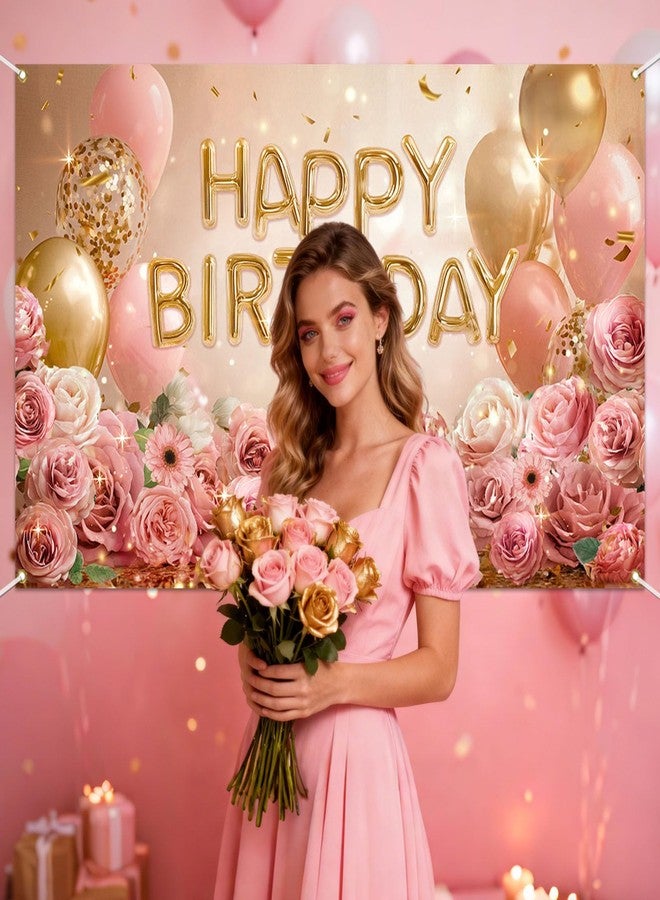 Mocsicka Rose Gold Birthday Banner - Pink Balloon Floral Happy Birthday Backdrop, for Girls Women Gold Birth Anniversary Party Decorations Background Photography Supplies (Rose Gold, 70.8 x 43.3 Inch) - Image 3