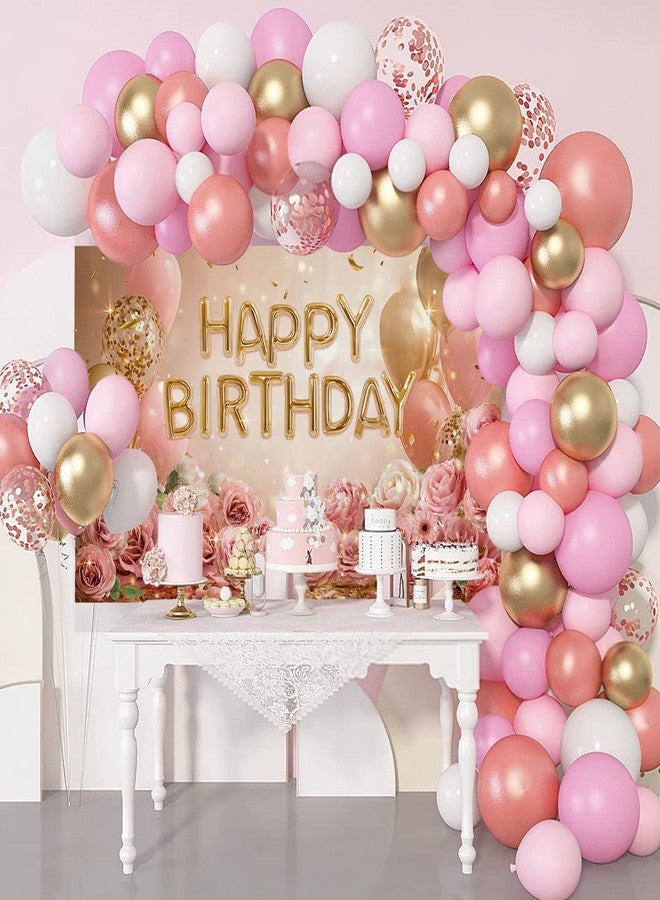 Mocsicka Rose Gold Birthday Banner - Pink Balloon Floral Happy Birthday Backdrop, for Girls Women Gold Birth Anniversary Party Decorations Background Photography Supplies (Rose Gold, 70.8 x 43.3 Inch) - Image 4