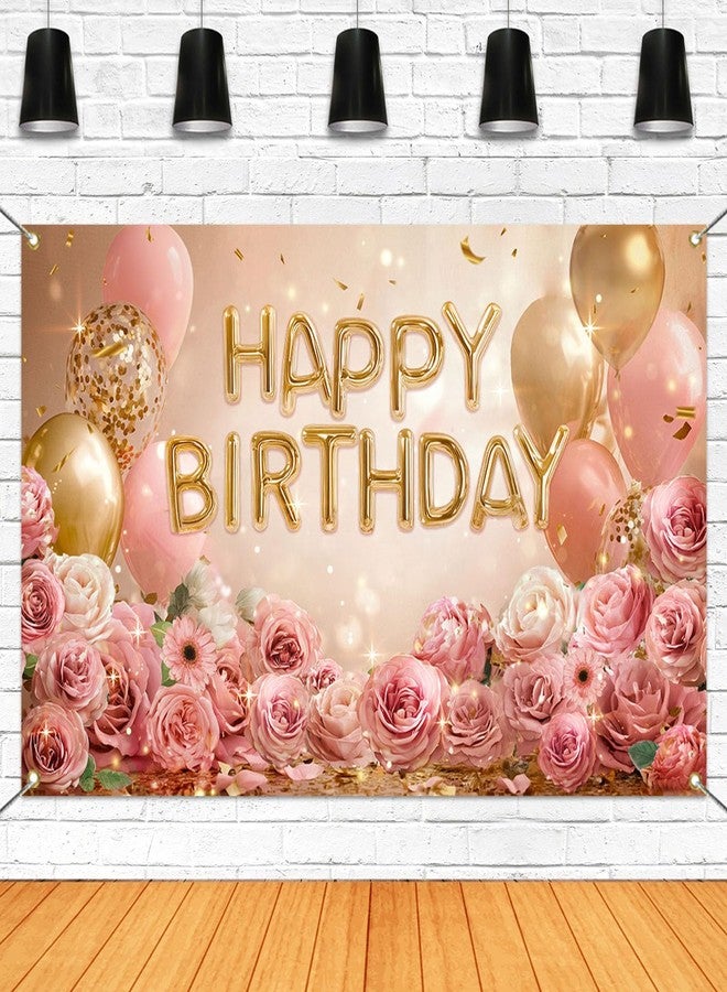 Mocsicka Rose Gold Birthday Banner - Pink Balloon Floral Happy Birthday Backdrop, for Girls Women Gold Birth Anniversary Party Decorations Background Photography Supplies (Rose Gold, 70.8 x 43.3 Inch) - Image 1