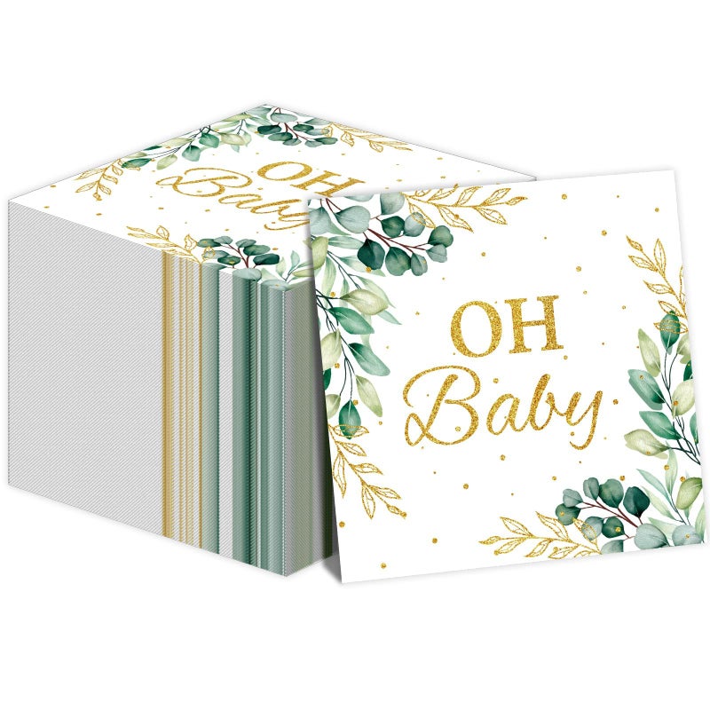 Tevxj Eucalyptus Leaf Oh Baby Napkins Greenery Baby Shower Party Supplies Sage Green Luncheon Napkins Disposable Paper Napkins for Baby Shower Boys Girls Kids Table Decorations 100 Pack - Image 2