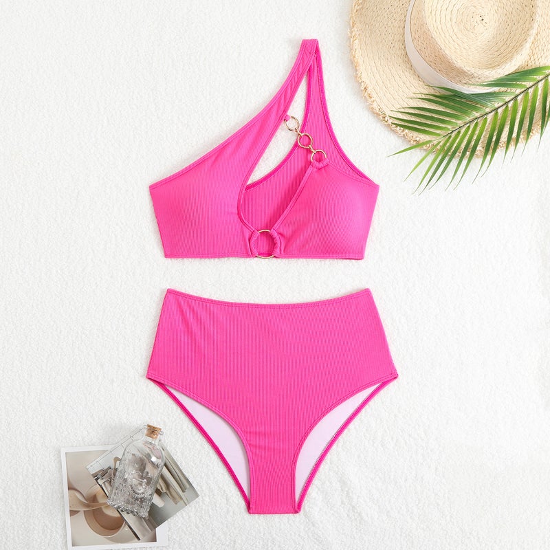 In-Stock Fashion Solid Color Two-Piece Bikini Ring Sale Swimwear - Image 4