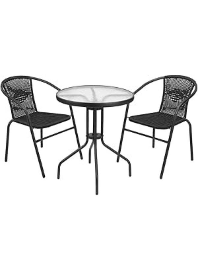 Harmony Home Harmoney Home 3-Piece Outdoor Bistro Dining Set – Black Poly Rattan Chairs & Round Glass-Top Table – Stylish & Compact Patio Furniture for Balconies & Gardens – (60 x 50 x 75 cm) - Image 1