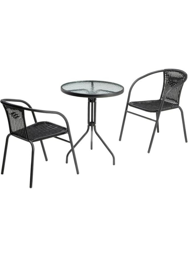 Harmony Home Harmoney Home 3-Piece Outdoor Bistro Dining Set – Black Poly Rattan Chairs & Round Glass-Top Table – Stylish & Compact Patio Furniture for Balconies & Gardens – (60 x 50 x 75 cm) - Image 2
