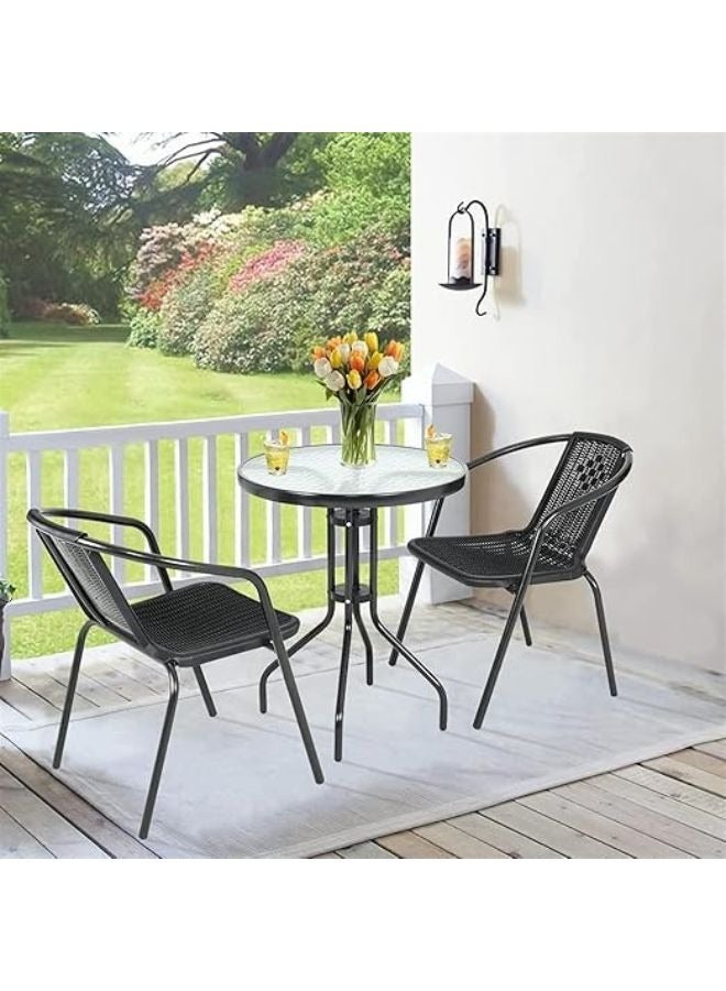 Harmony Home Harmoney Home 3-Piece Outdoor Bistro Dining Set – Black Poly Rattan Chairs & Round Glass-Top Table – Stylish & Compact Patio Furniture for Balconies & Gardens – (60 x 50 x 75 cm) - Image 5