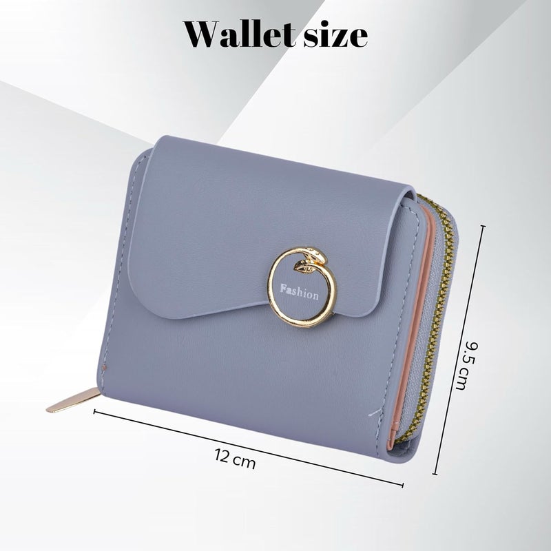PRANIJ Small Leather Bifold Wallet for Women Fashion Compact Slim Credit Card Holder with Zipper Coin Pocket, Mini Clutch Purse for Girls (Pale Blue) - Image 4