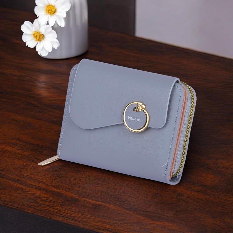 PRANIJ Small Leather Bifold Wallet for Women Fashion Compact Slim Credit Card Holder with Zipper Coin Pocket, Mini Clutch Purse for Girls (Pale Blue) - Image 2