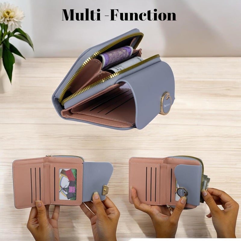 PRANIJ Small Leather Bifold Wallet for Women Fashion Compact Slim Credit Card Holder with Zipper Coin Pocket, Mini Clutch Purse for Girls (Pale Blue) - Image 3