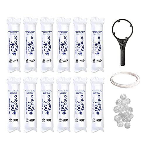 Noir Aqua - 12pcs PP Spun Filter + 1 Spanner + 4 Antiscalant Balls + 2mtr Water Pipe | for All Types of RO Water Purifiers (12 Piece, White, 10 Inch, 5 Micron) - RO Spun Filter Cartridge - Image 1